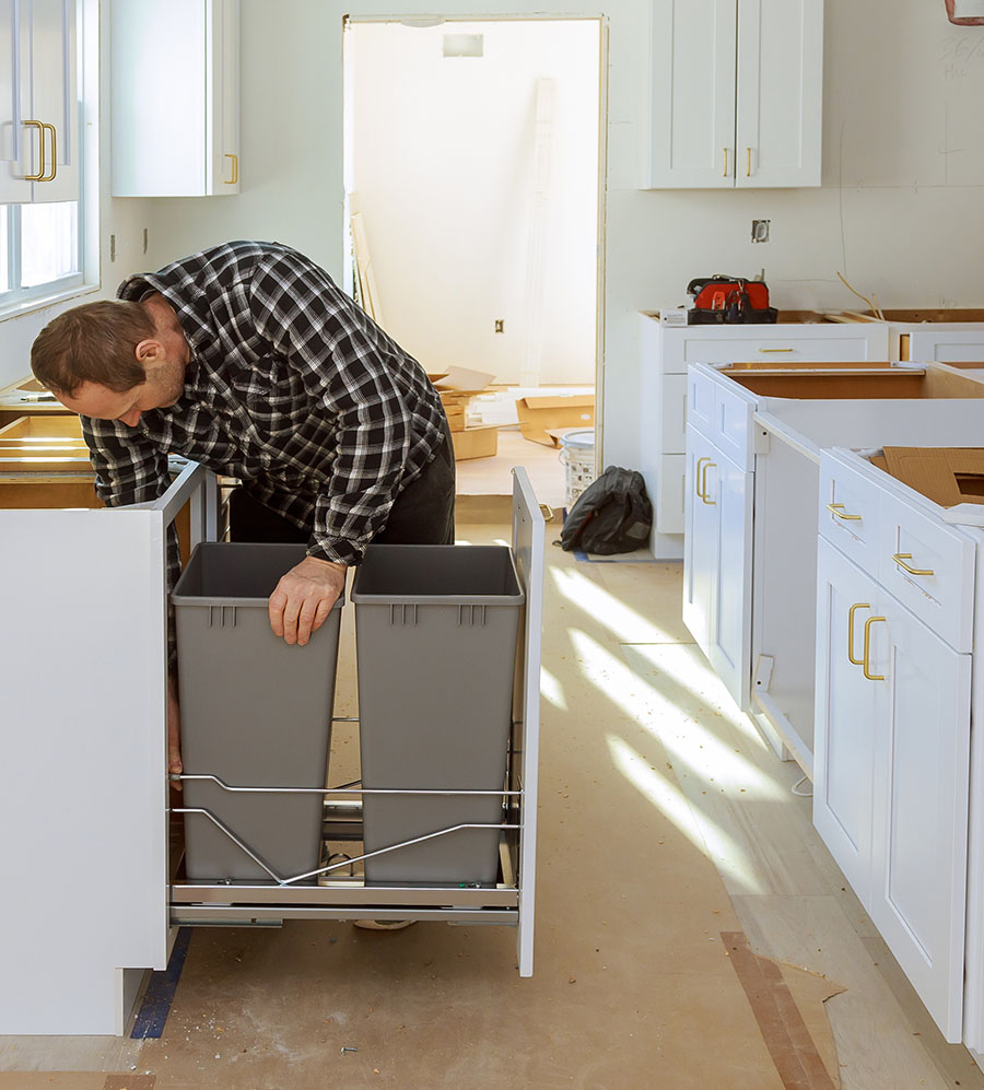 Installing new induction hob in modern drawers garbage bin kitchen installation of cabinet